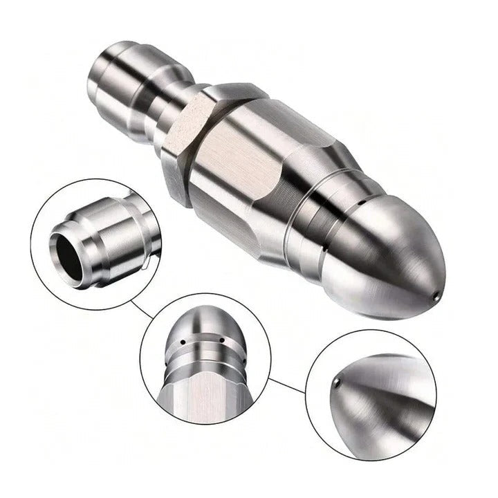 Sewer Jetter Nozzle, Pressure Washer Drain Cleaning Tip, Quarter Inch Quick Connect, Stainless Steel