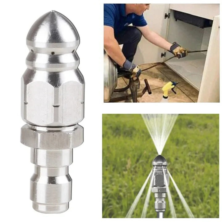 Sewer Jetter Nozzle, Pressure Washer Drain Cleaning Tip, Quarter Inch Quick Connect, Stainless Steel