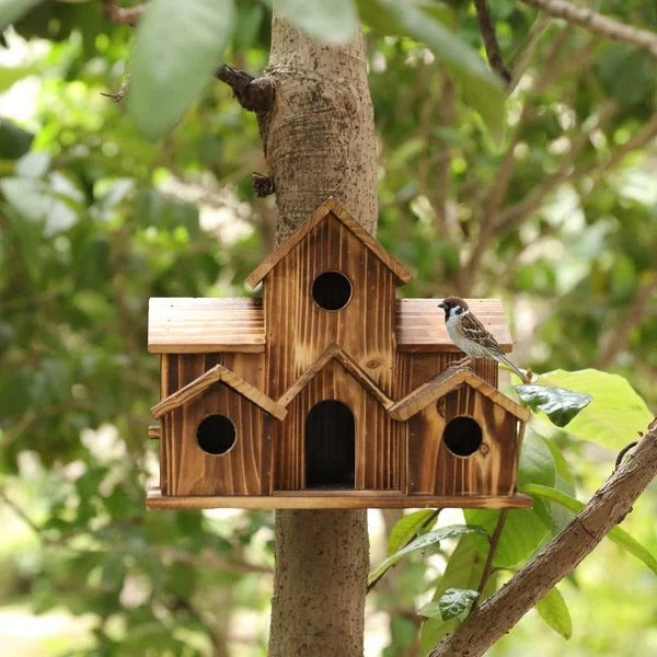 Handcrafted Wooden Birdhouse  Tree Birdhouse with 6 Holes
