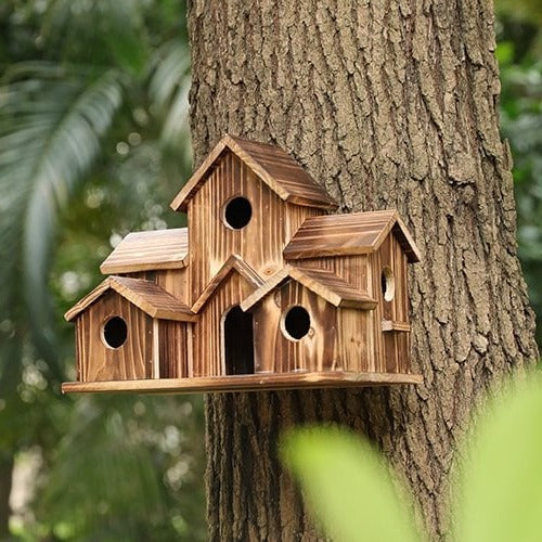 Handcrafted Wooden Birdhouse  Tree Birdhouse with 6 Holes