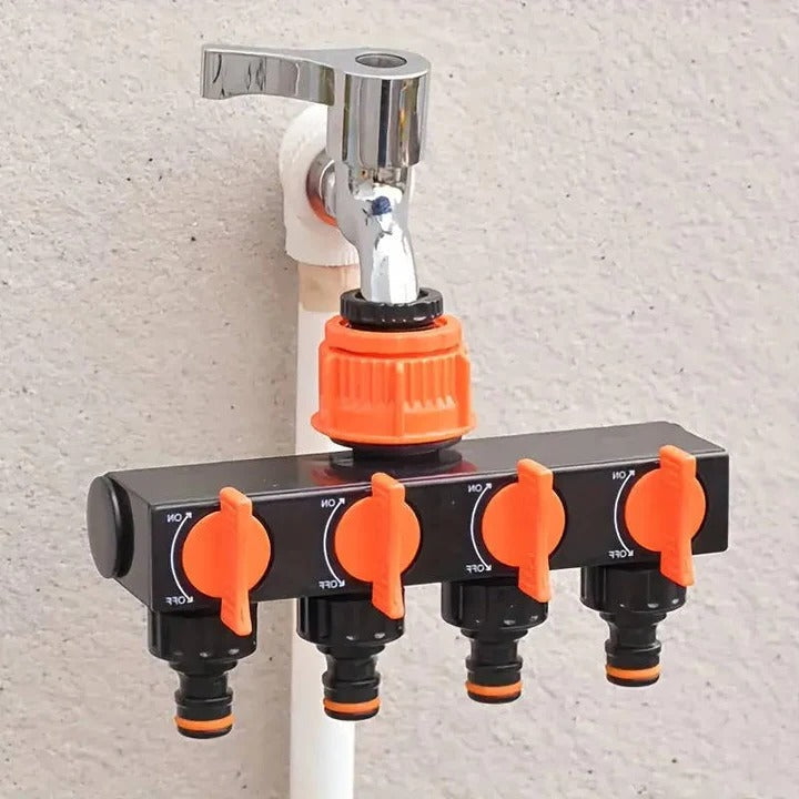 4-Way Metal Garden Hose Splitter with Adjustable Flow Valves