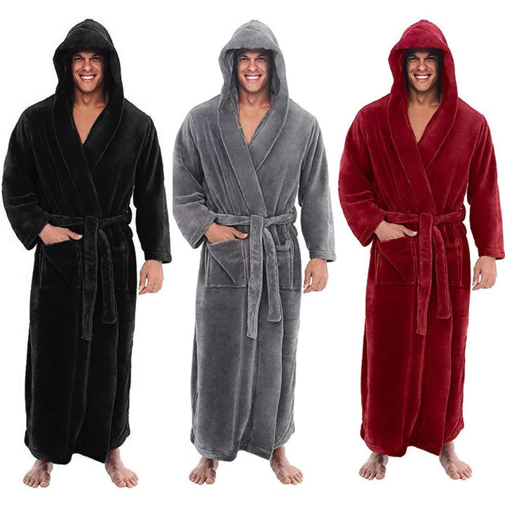 Plush Fleece Mens Bathrobe with Hood and Pockets