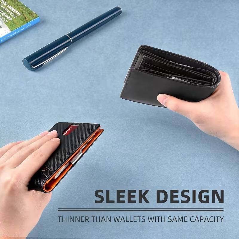 Mens Carbon Fiber Bifold Card Holder Wallet, Ultra Thin RFID Blocking Money Clip with Multiple Card Slots