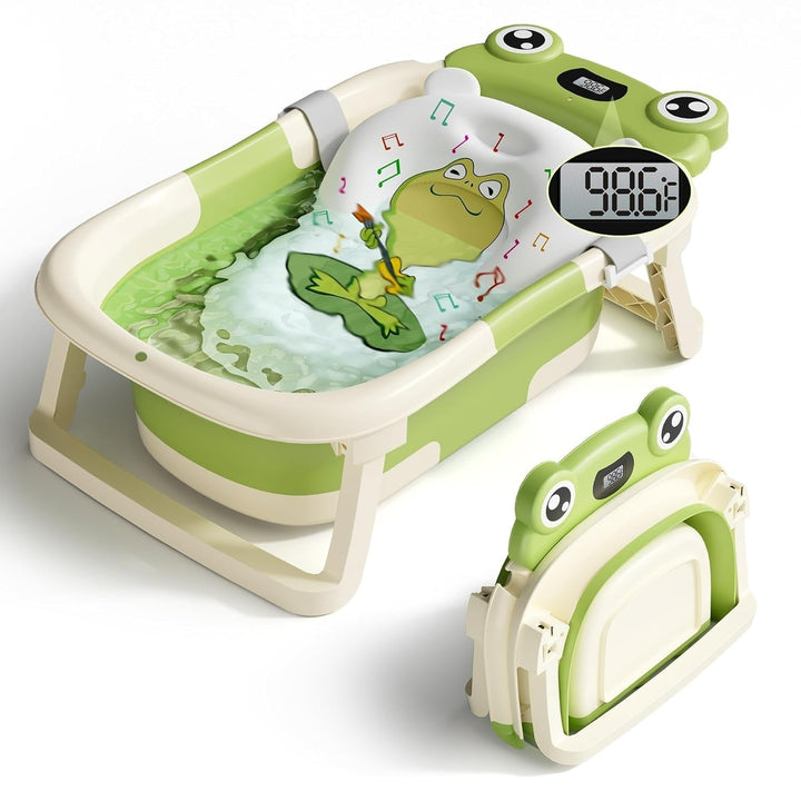 Collapsible Baby Bathtub with Real Time Thermometer and Soft Cushion, Portable 0 to 24 Months Infant to Toddler Travel Tub with Non Slip Feet