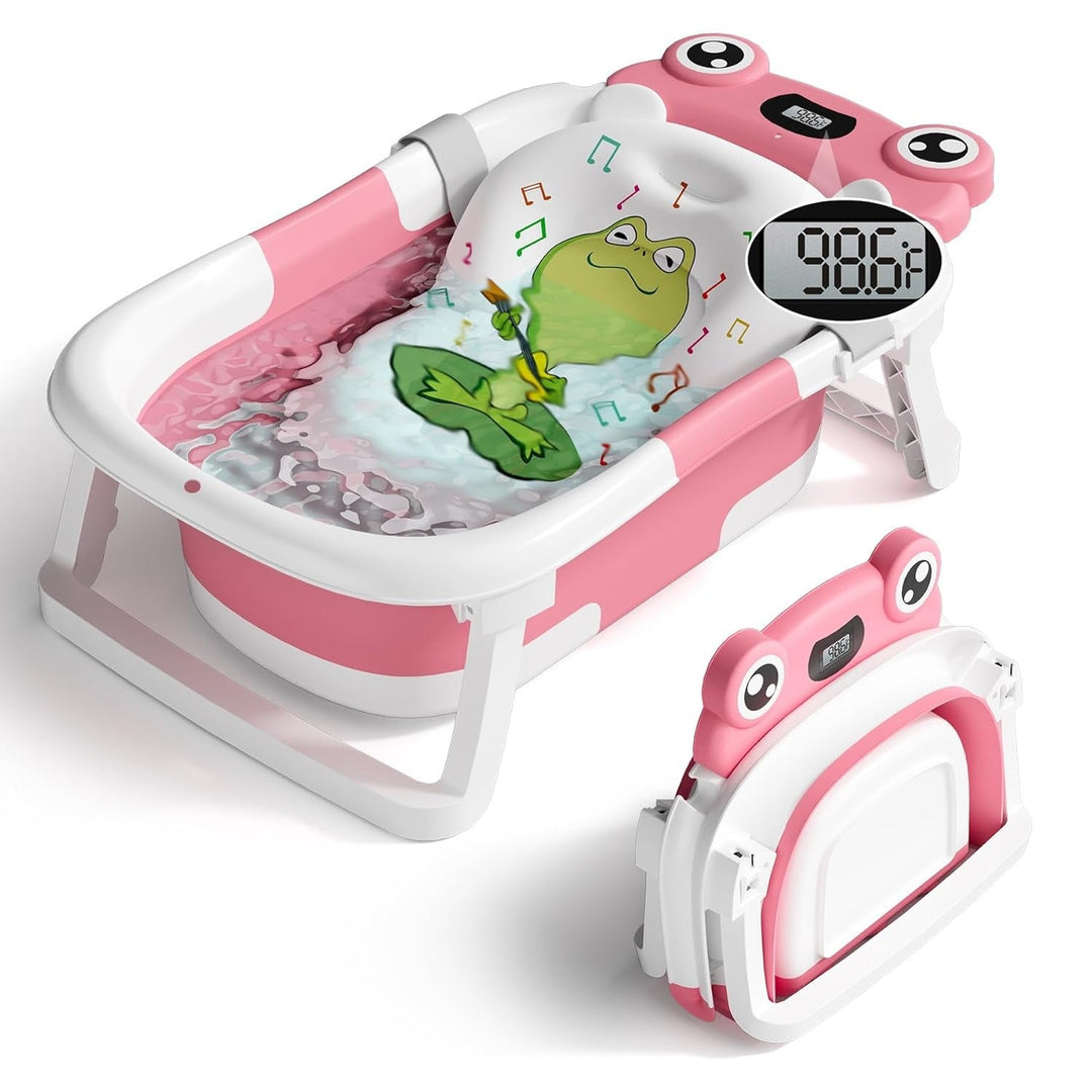 Collapsible Baby Bathtub with Real Time Thermometer and Soft Cushion, Portable 0 to 24 Months Infant to Toddler Travel Tub with Non Slip Feet