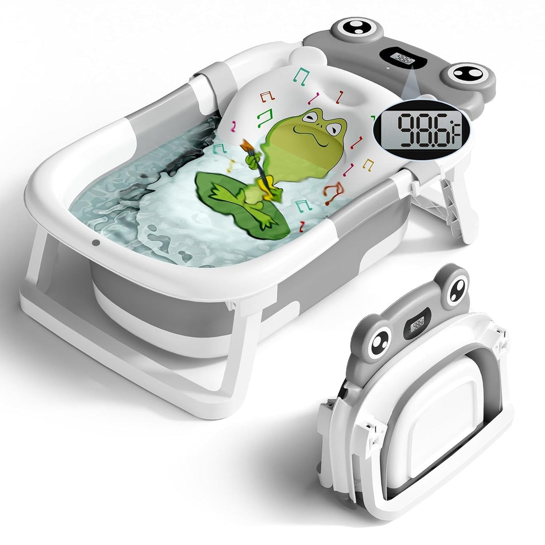 Collapsible Baby Bathtub with Real Time Thermometer and Soft Cushion, Portable 0 to 24 Months Infant to Toddler Travel Tub with Non Slip Feet