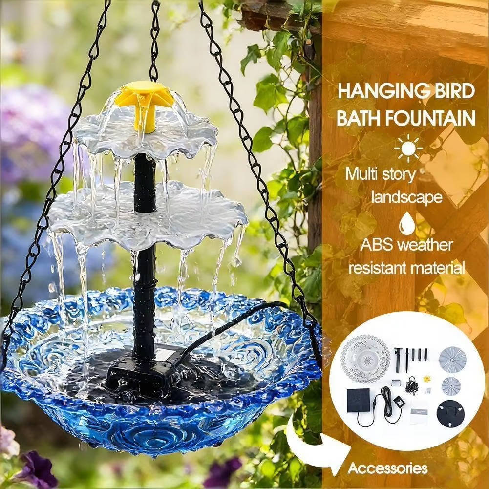 Solar Powered Hanging Bird Bath Fountain, Outdoor Garden Water Feature with Automatic Pump