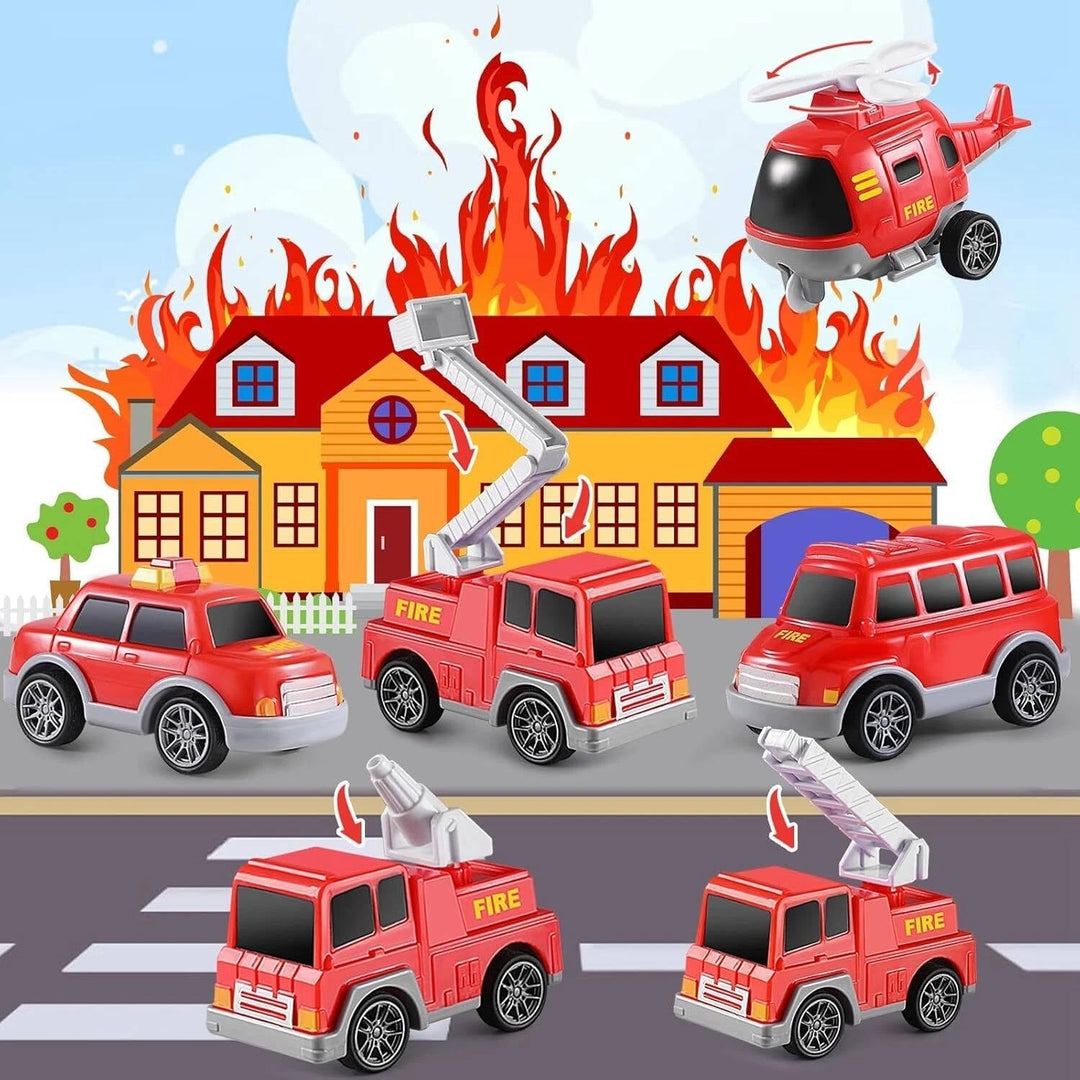 Fire Truck Carrier Toy Set with 5 Vehicles Lights and Sound Transport Truck with Helicopter Toddler Toys for Boys Girls