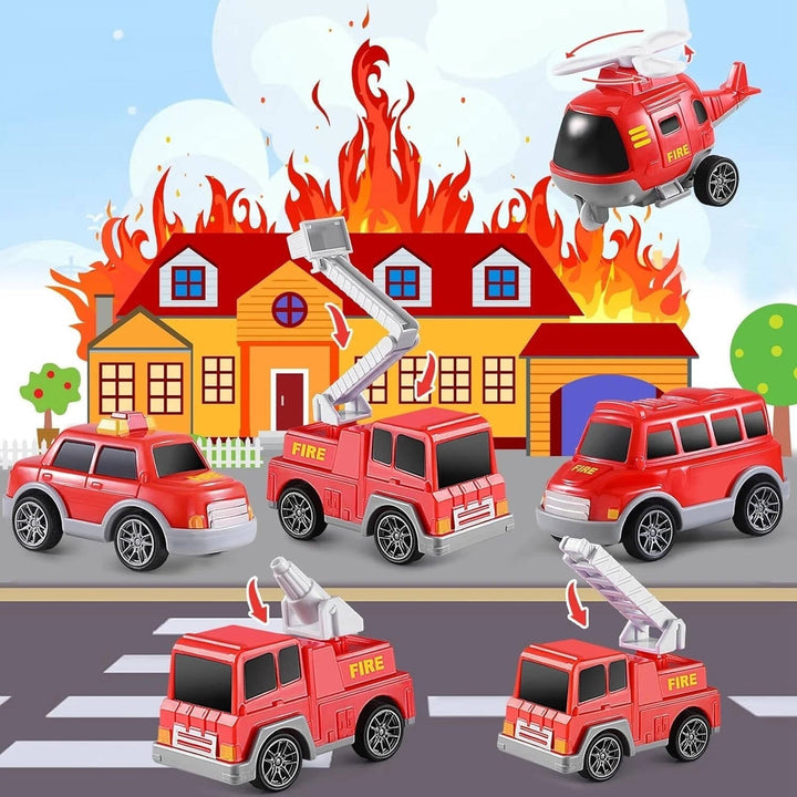 Fire Truck Carrier Toy Set with 5 Vehicles Lights and Sound Transport Truck with Helicopter Toddler Toys for Boys Girls