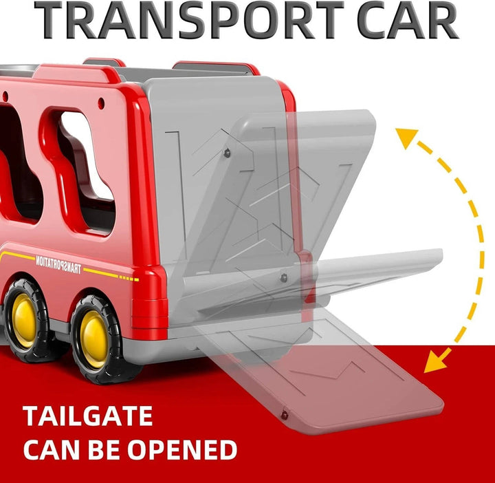 Fire Truck Carrier Toy Set with 5 Vehicles Lights and Sound Transport Truck with Helicopter Toddler Toys for Boys Girls