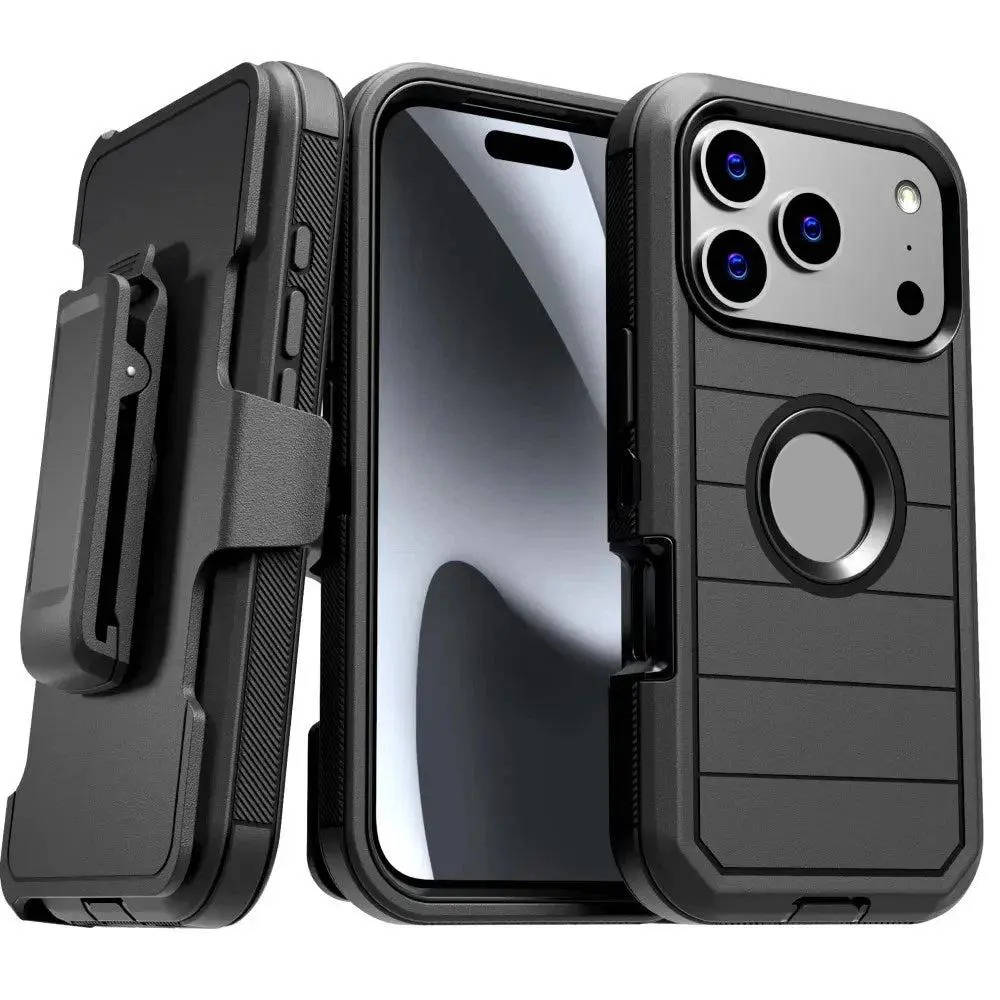 Shockproof Defender Case for iPhone 15 16 17 Pro Max, Heavy Duty 4 Layer Phone Case with Holster Kickstand