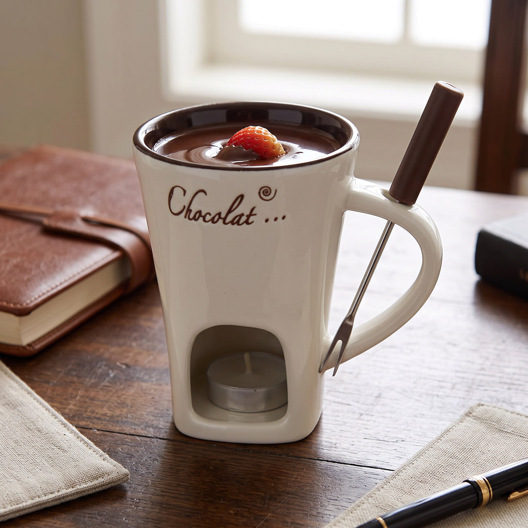 Ceramic Fondue Cup with Candle Warmer and Stainless Steel Fork
