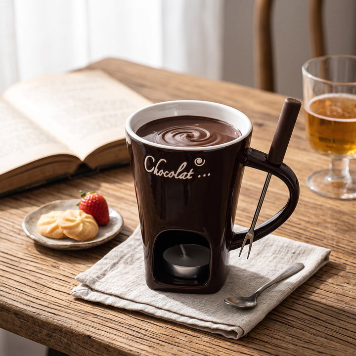 Ceramic Fondue Cup with Candle Warmer and Stainless Steel Fork