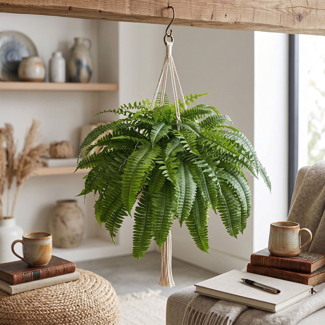 Artificial Boston Fern Set with UV Resistant Polyethylene and Realistic Fronds, 18 Ferns Pack