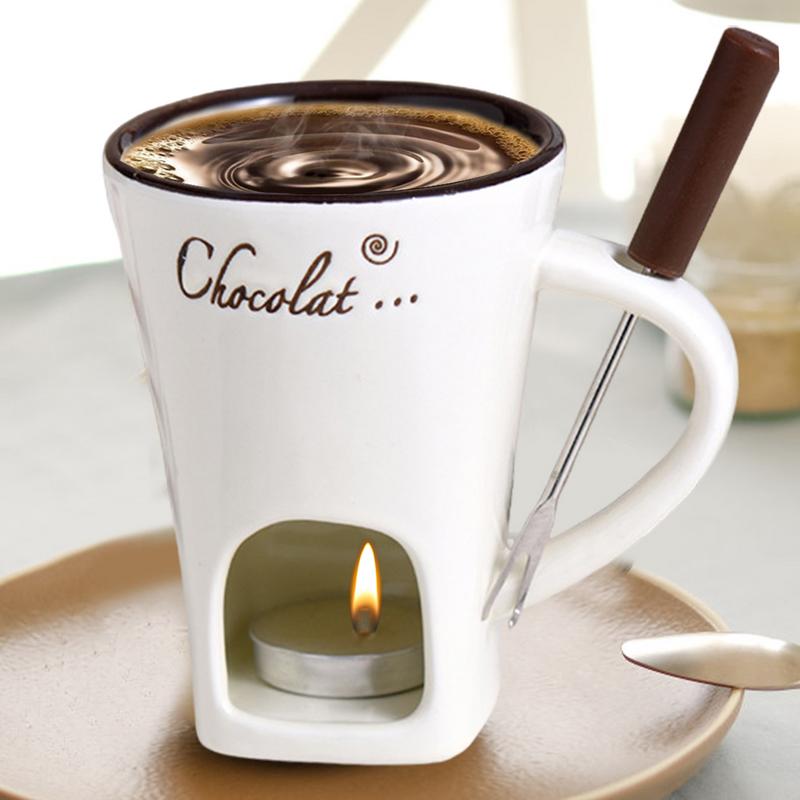 Ceramic Fondue Cup with Candle Warmer and Stainless Steel Fork