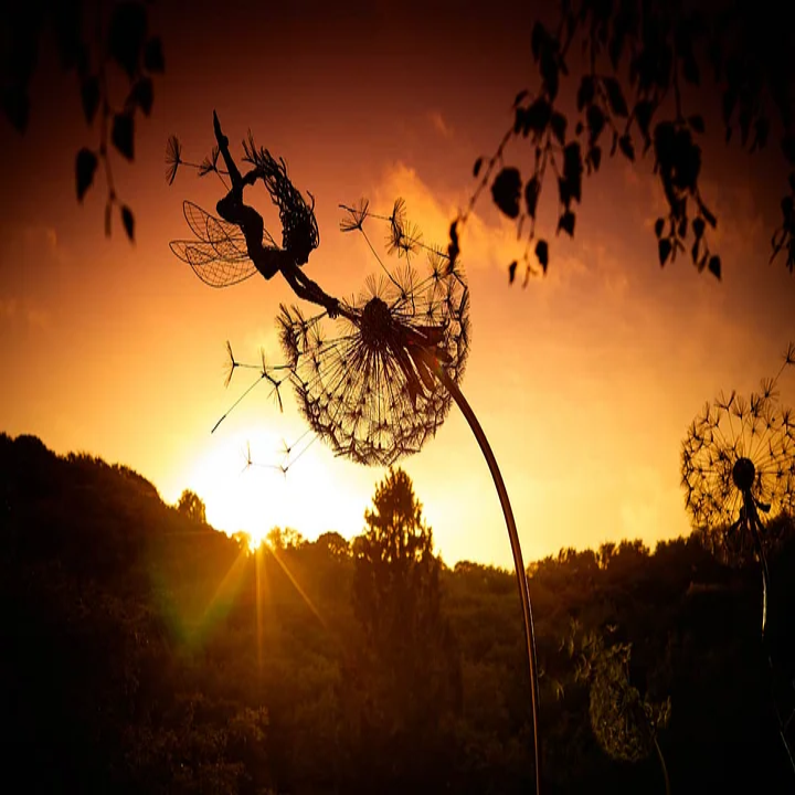Metal Fairy Garden Stake with Dandelion Accents and Silhouette Design
