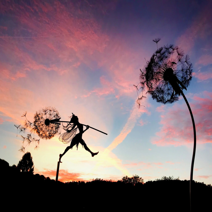 Metal Fairy Garden Stake with Dandelion Accents and Silhouette Design