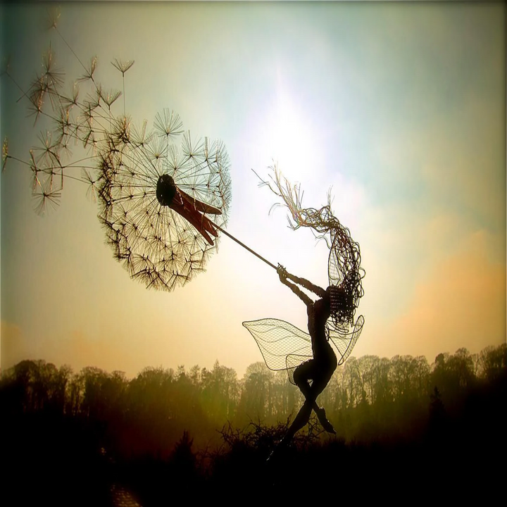 Metal Fairy Garden Stake with Dandelion Accents and Silhouette Design