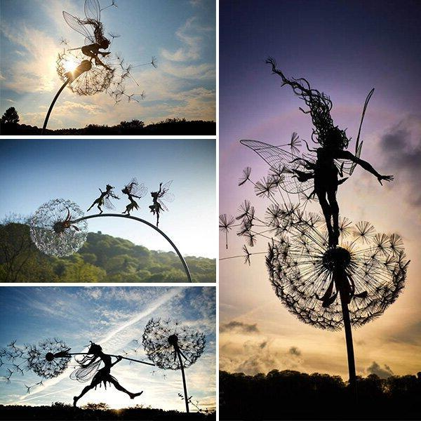 Metal Fairy Garden Stake with Dandelion Accents and Silhouette Design