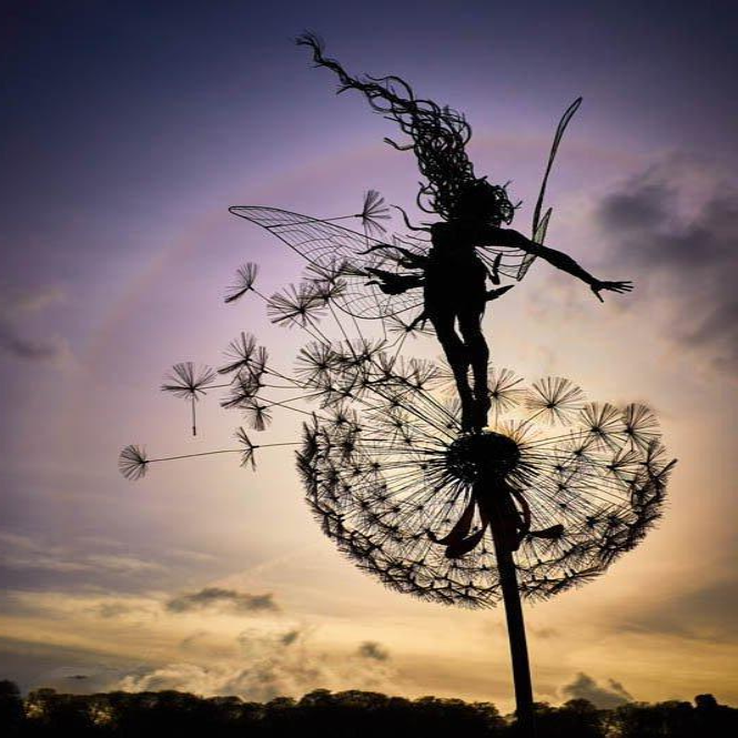 Metal Fairy Garden Stake with Dandelion Accents and Silhouette Design