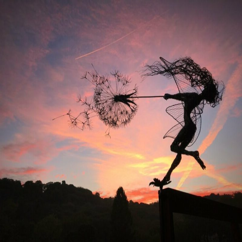 Metal Fairy Garden Stake with Dandelion Accents and Silhouette Design