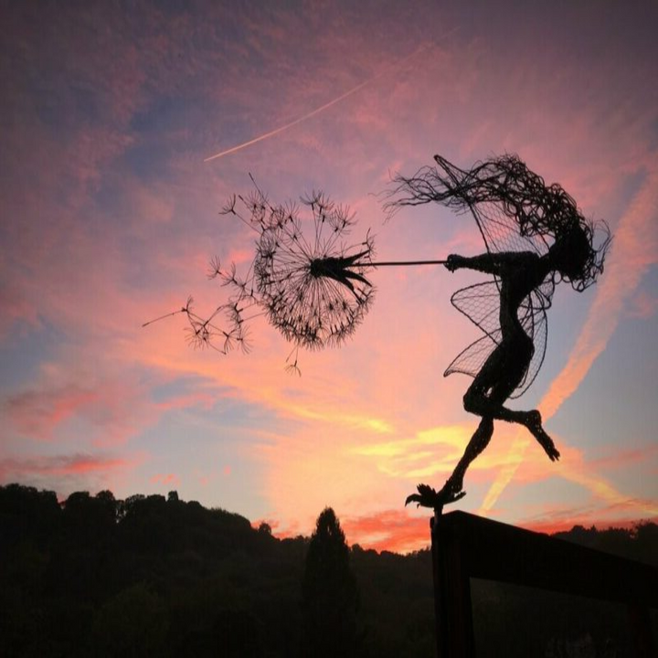 Metal Fairy Garden Stake with Dandelion Accents and Silhouette Design