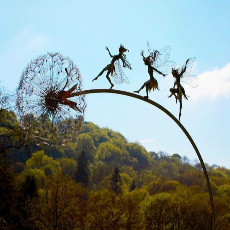 Metal Fairy Garden Stake with Dandelion Accents and Silhouette Design